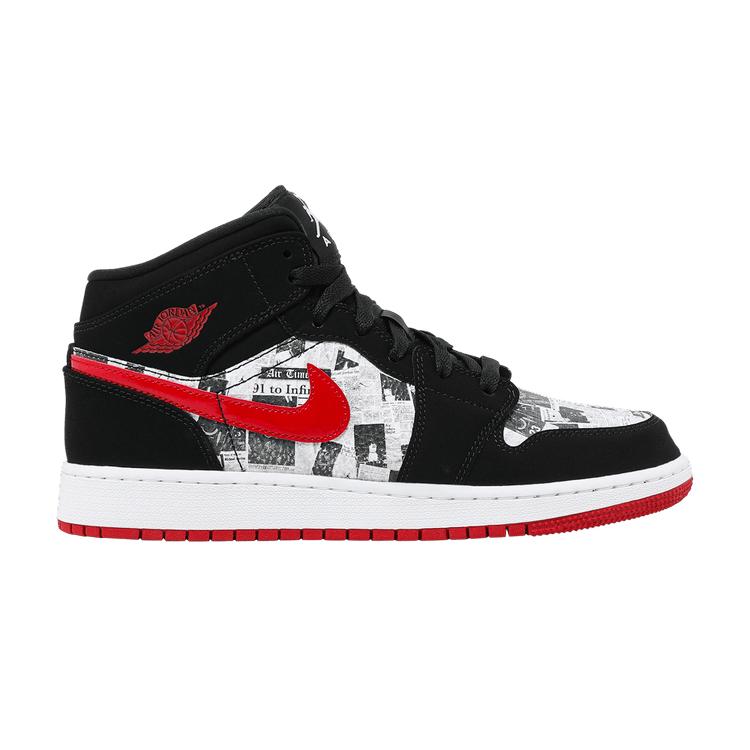 Детские кроссовки Nike Jordan 1 Mid Newspaper Air Times (GS) Черный/Тренировочный Красно-Белый