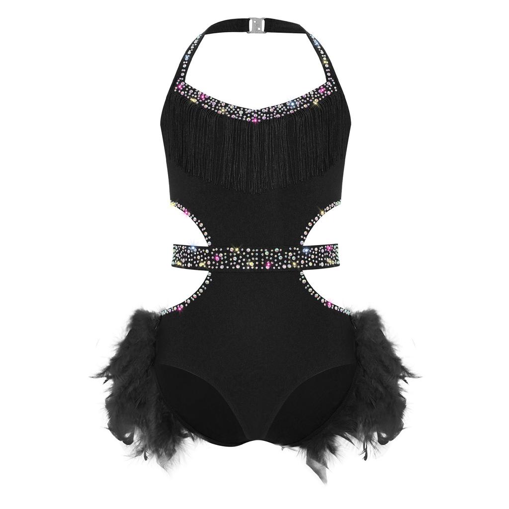 Girls Latin Dance Costume Halter Sleeveless Design Cutout Sparkly Rhinestones Bodice Feather Skirted Leotard