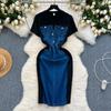 New Trendy Casual Dress Women's Contrast Vintage Denim Panel Short Sleeve Slim Fit Pencil Dress