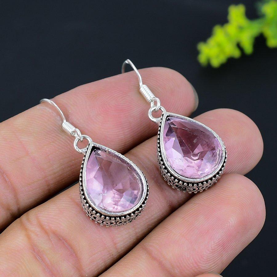 Pink Kunzite Gemstone Handmade 925 Sterling Silver Jewelry Earring 1.50" r2F41