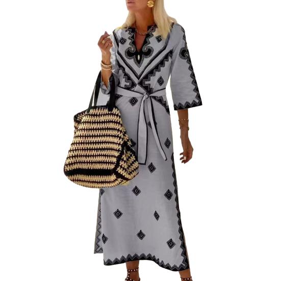 Платье на шнуровке с узкой талией и геометрическим принтом, с V-образным вырезом, рукавом три четверти, в тон, с разрезом подол, в богемном стиле, платье миди для отпуска