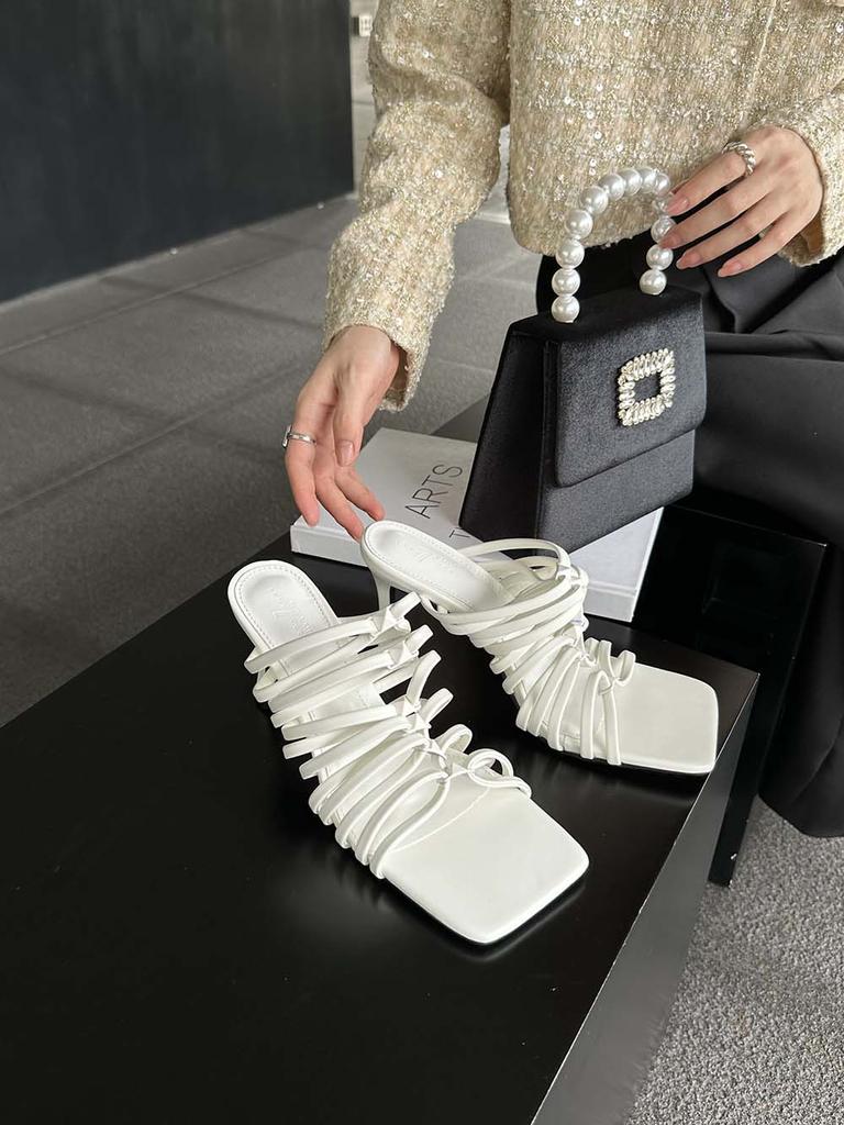 Модные женские тапочки с узкой резинкой 2024 года, новые поступления, модные шлепанцы на тонком высоком каблуке, черные, золотые, серебряные, белые, неглубокие слипоны на мюлях