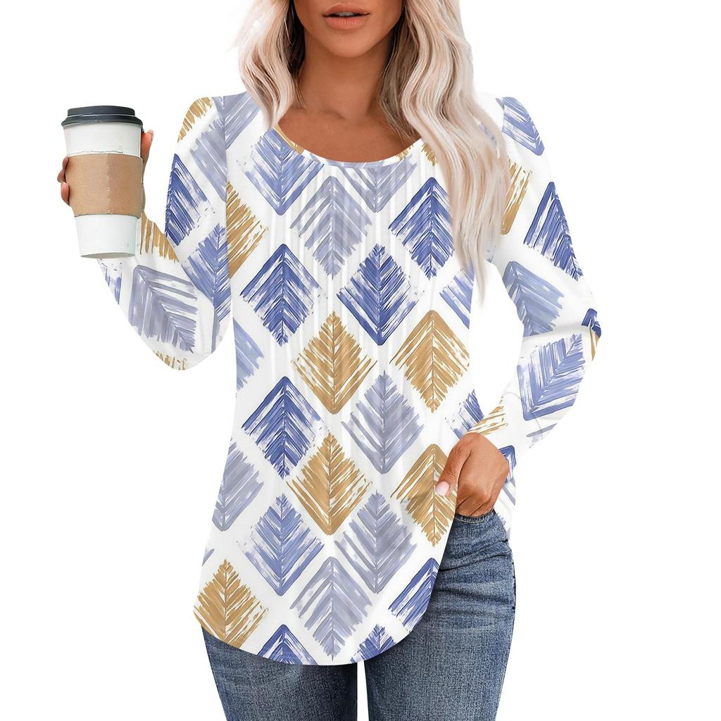 Рубашки с длинным рукавом для женщин, топы, нарядные повседневные блузки, плиссированные топы-туники с круглым вырезом