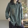 Women Spring Plus Size Literature  Retro Cotton and Linen Top Fall Loose Casual Embroidery Lapel Shirt