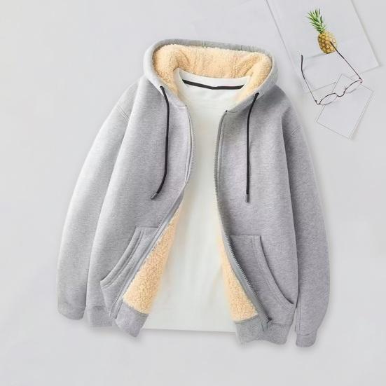 Autumn Winter Men's Fleece Hooded Jacket Winter Thickened Zipper Closure Warm Casual Solid Color Hoodie with Zipper Coat