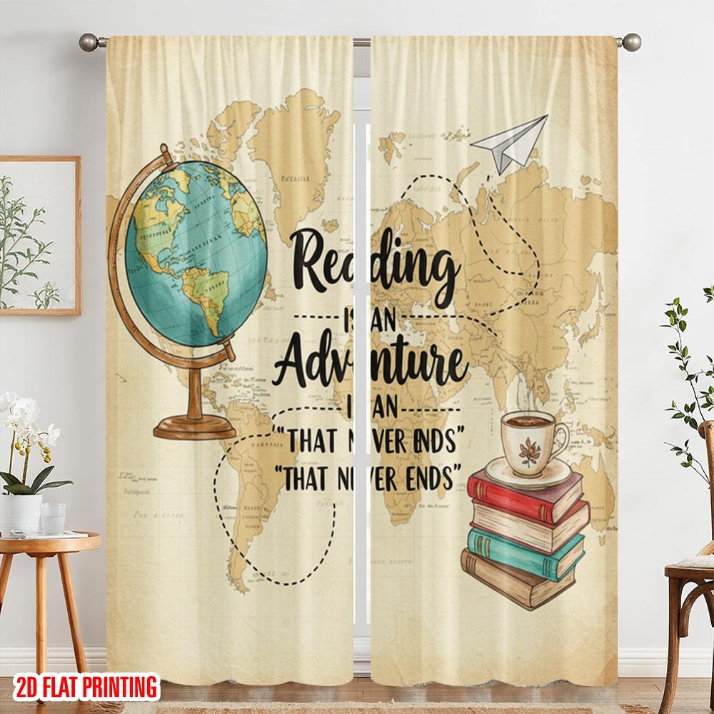 2pcs 2D Flat Printing Party Curtain Reading Adventure Globe Books Polyester Without Electricity Festive Holiday Use for Entryway