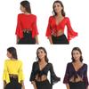 Women Girls Belly Dance Flare Sleeve Wrap Tops Bell Bead Tassel Lace-Up Shawl Crop Tops Cardigan Stage Costume