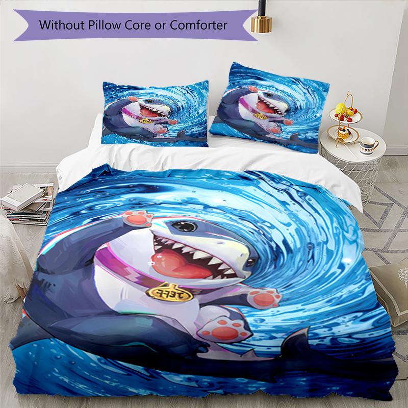 3pcs Jeff the Land Shark pattern bedding set duvet cover set includes duvet cover &pillowcases, perfect all season bedroom decoration & gift