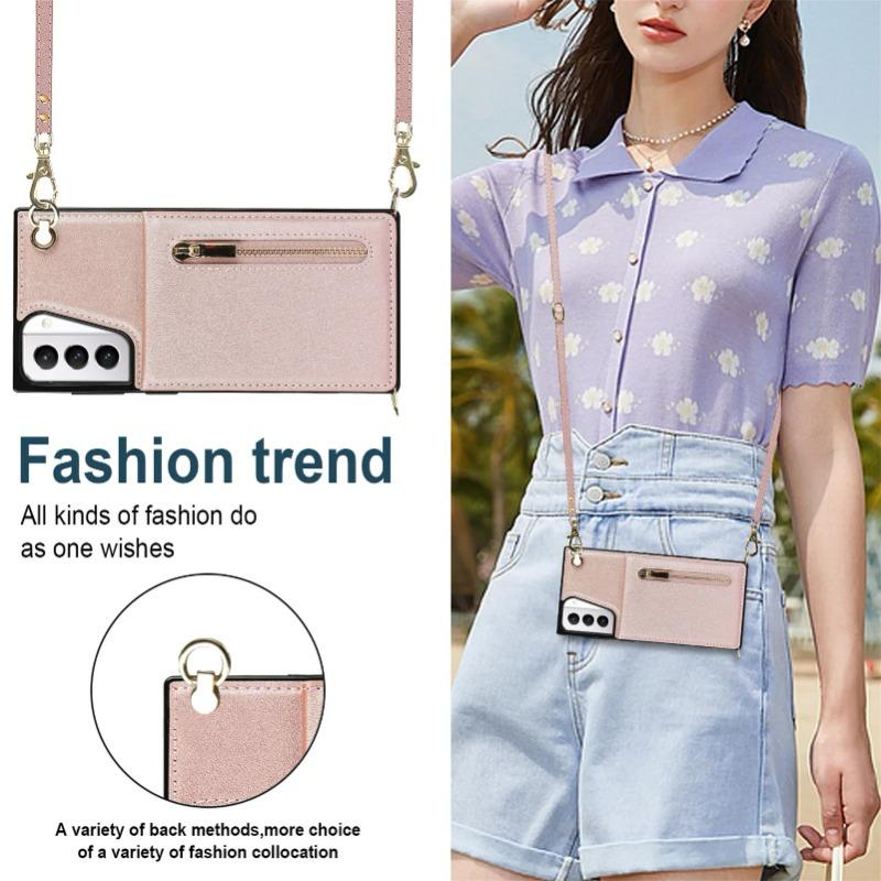 Zipper Wallet Case for Samsung Galaxy S26 S25 FE S21 S22 S24 S25 Plus S26 Ultra Card Holder Lanyard Crossbody Leather Cover