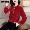 Autumn Spring Women Blouse Velvet Shirts Tops Vintage Long-sleeved Bow Ruffled Blouses Casual Loose Ladies Tops Female Clothes Pullover