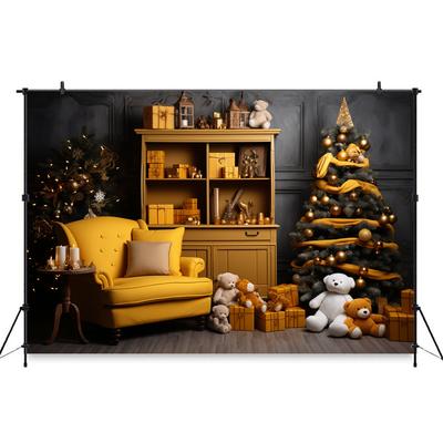 Mocsicka Christmas Home Background Photography Xmas Tree Gifts Bear Bookshelf Yellow Sofa Decorations Baby Photo Studio 135