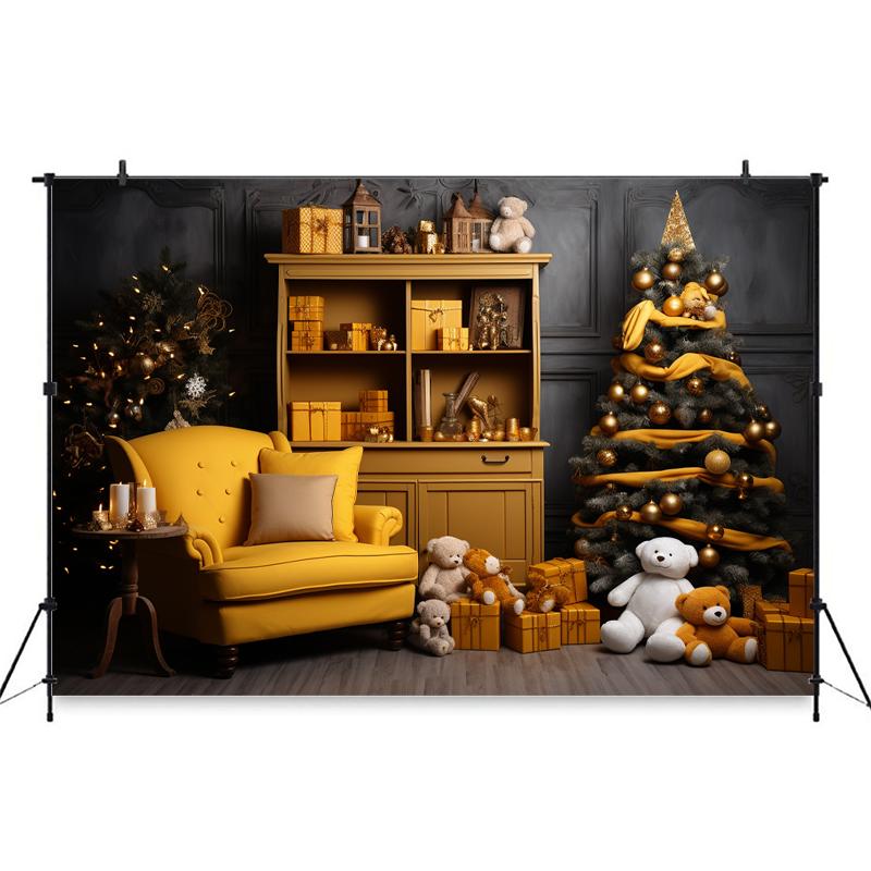 Mocsicka Christmas Home Background Photography Xmas Tree Gifts Bear Bookshelf Yellow Sofa Decorations Baby Photo Studio 135