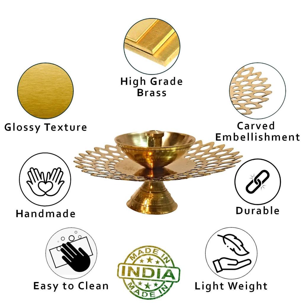 Decorative Brass Diya for Puja (Set of 1 Small 3inch Golden Round Net) Center Wick Holder Pital Akhand Deep Vilakku for Home Décor