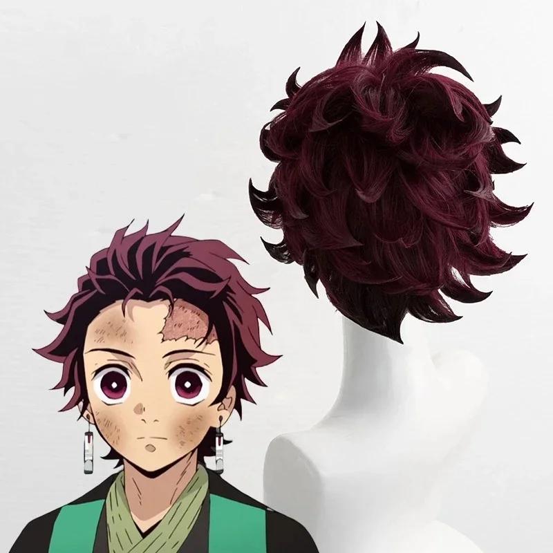 Аниме Клинок, рассекающий демонов Kimetsu No Yaiba Танджиро Камадо Косплей Синтетические Парики Короткие Каштановые Термостойкие Парик