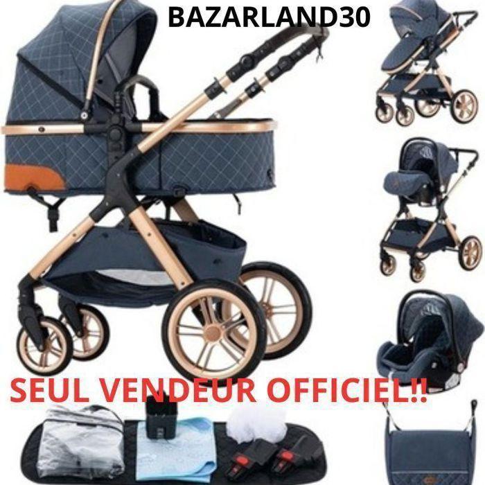 Poussette 3 en 1 Bébé Combinée Siège-Auto Nacelle Trio Réversible Réglable Haute Qualité Roues increvables Canne.BLEU