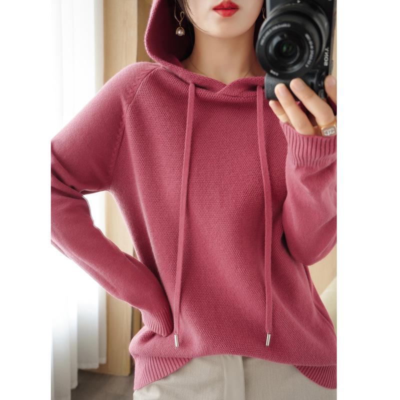 2025 Autumn/Winter Women's Hooded Knit Sweater - Long Sleeve, Solid Color, Loose Fit, Versatile Commuting Style