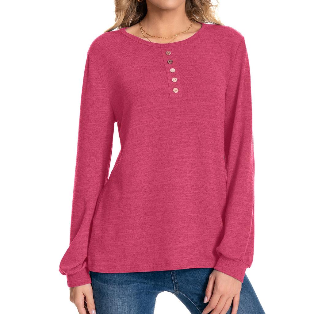 Женская мода повседневная круглая горловина с пуговицами длинный рукав однотонный топ Shu