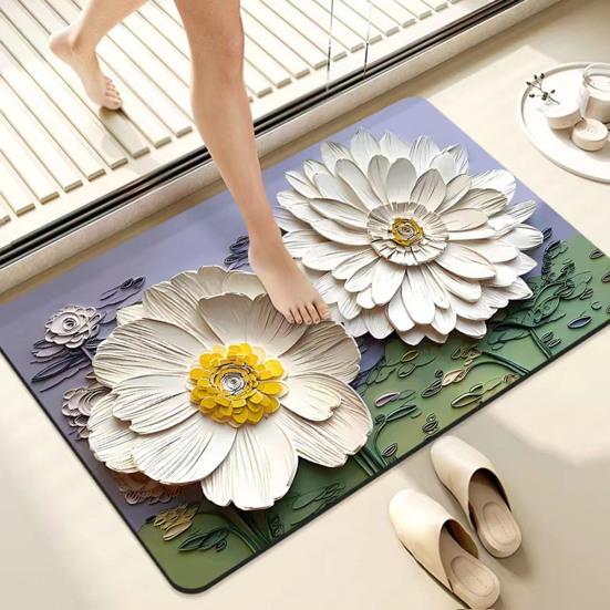 3D Floral Floor Mat Absorbent Diatomaceous Mud Rug Non-Slip Bathroom Entrance Carpet Quick Drying Mat for Living Room Kitchen