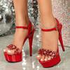 Fashion Liyke High Quality Diamond Chain Open Toe Super High Heels Wedding Banquet Shoes Fashion Buckle Strap Platform Sandals Women Red