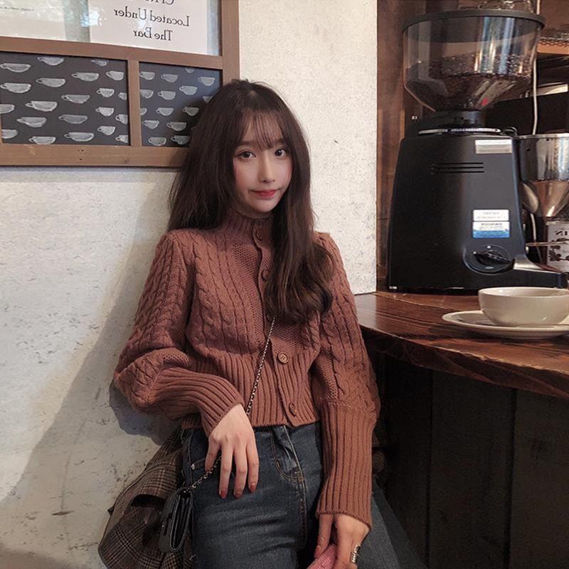 New 2022 O Cardigan Neck Sweater Slouchy Sleeves Small Fragrance Short Knitted Women Top Solid