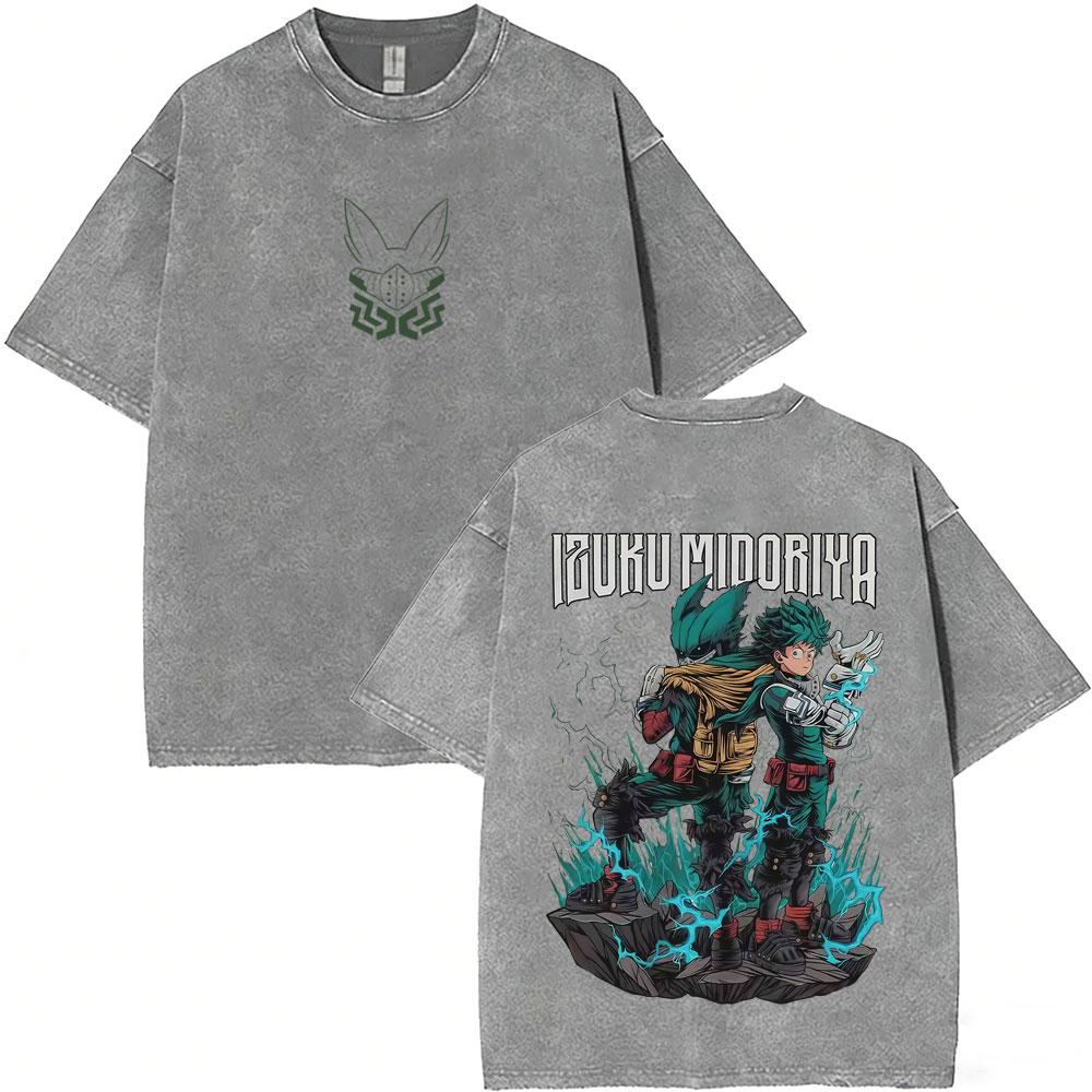 Anime My Hero Academia Shoto Todoroki Vintage Washed Tshirt Men Women Casual Retro Oversized T Shirts Cartoon Harajuku Tshirts