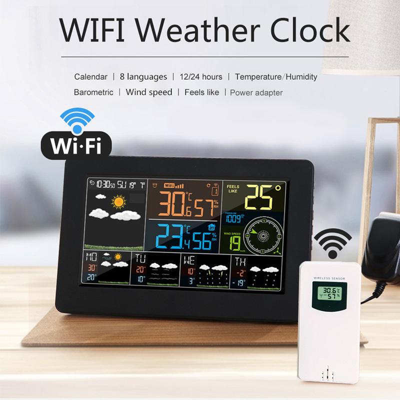 FJW4 Цветная WiFi метеостанция Управление через приложение Умный монитор погоды Внутренняя и наружная температура и влажность Цифровые часы Функции