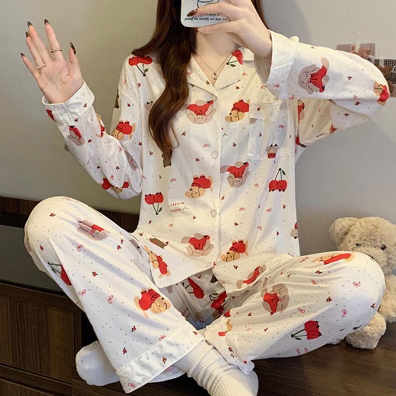 Women's Spring Pajamas Homewear Set for Girls Students Polka Dot Cute Cartoon Long-Sleeved Comfortable Pajamas Homewear Set