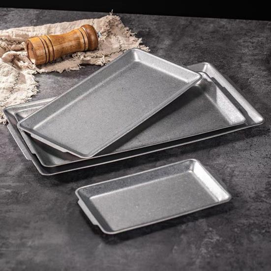Vintage Stainless Steel Rectangular Tray Retro Industrial BBQ Platter with Double Handles Large Heavy Duty Serving Dish for Home