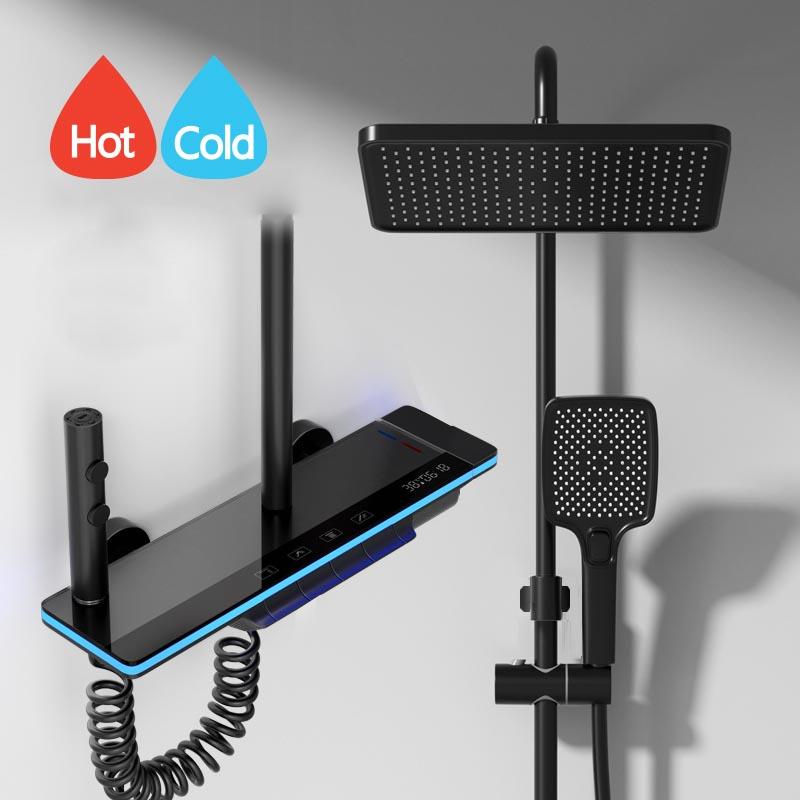 Ванная комната с цифровым дисплеем Душевая система Латунный водопадный смеситель для душа Набор для измерения температуры дождя Смеситель для ванны Душевой набор с лампой