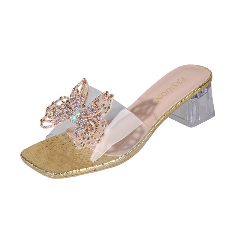 Женские сандалии Женские Летние Новые Квадратный Носок Открытый Носок Стразы Бабочка Средний Каблук Блочный Каблук Крутые Шлепанцы