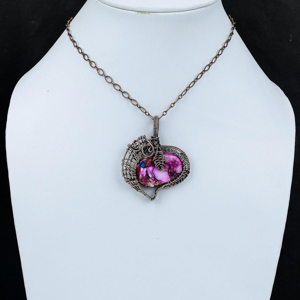 Натуральный Кингман Розовый Георгин Бирюзовый Кулон Кулон, обмотанный медной проволокой Кулон ручной работы Проволочные украшения Подарок для него Драгоценный камень Медные украшения