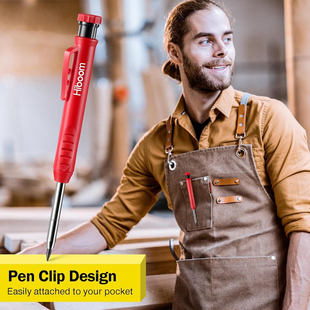 Hiboom 3 Pack Solid Carpenter Pencil with 21 Refill, Long Nosed Deep Hole Mechanical Pencil Marker with Built in Sharpener for Carpenter, Design