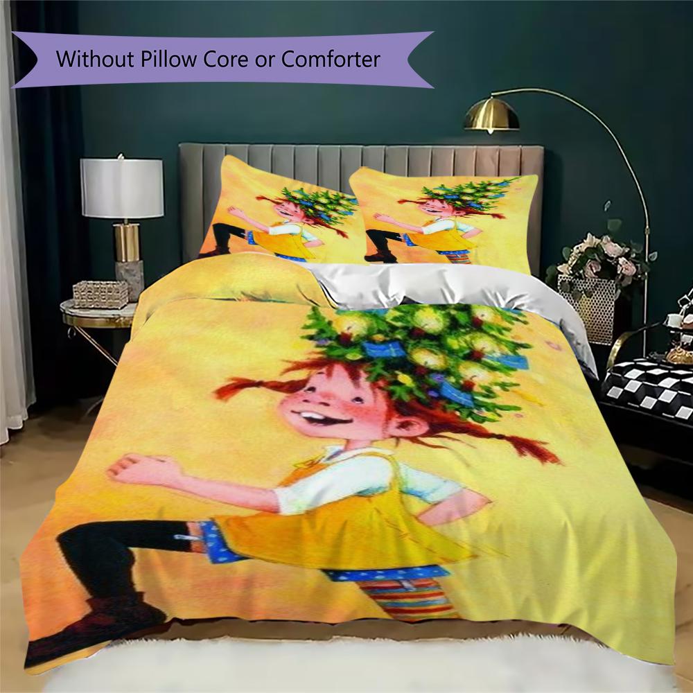 Pippi Langstrumpf Pattern Bedding uilt Set uilt Cover Pillowcase Home Decoration Birthday Gift (1*duvet cover + 2*pillowcase without core)