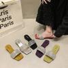 Summer New High-end Square Head Flat Bottom Rhinestone Cool Slippers for Women To Wear Open-toe Slips