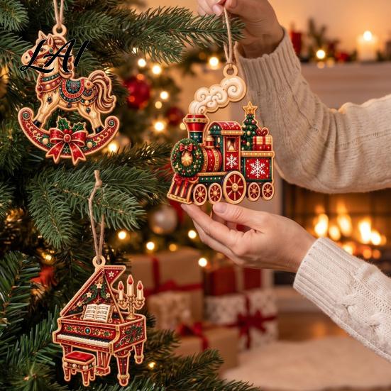 Nutcracker Decorations 6Pcs/Set Wooden Christmas Hanging Ornaments Retro Rocking Horse Train Decorations Classic Tree Pendants Seasonal Piano Violin