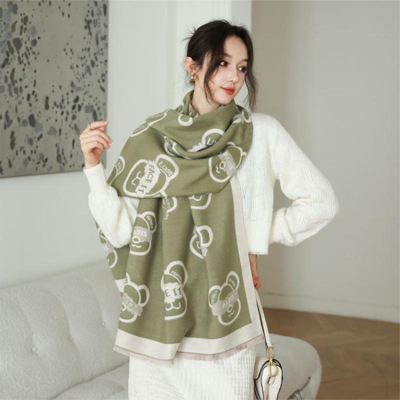 Autumn and Winter New Cartoon Bear Jacquard Scarf Women's Thickened Versatile Imitation Cashmere Scarf Winter Warm Shawl