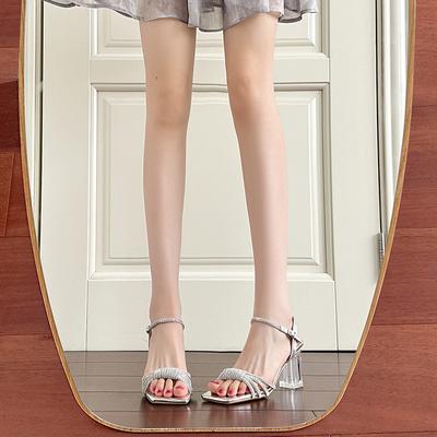 Босоножки женские летние новые на толстом каблуке со стразами и пряжкой, с открытым носком, женские туфли на высоком каблуке для ношения с юбкой