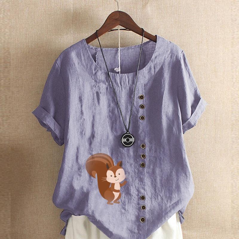 Women's Fashion Squirrel Prined Round Neck Short Sleeve T-shirt Casual Cotton Linen Graphic Shirt Leisure Loose Summer Blouse Tops