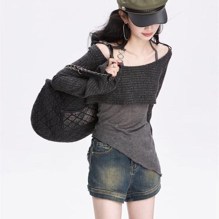 Y2k Off Shoulder Knitted Women T-shirts Set Sexy Korean Style Asymmetric Halter Tops Gyaru Crop Long Sleeve Autumn Tees