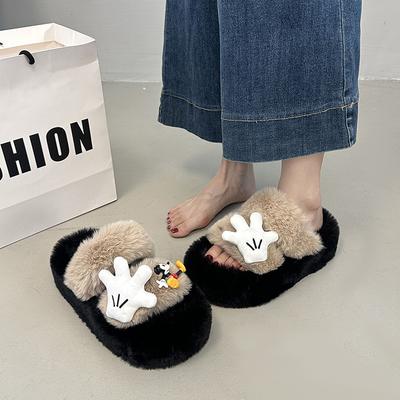 Осень и зима 2025 тапочки Мао Мао женские мультяшные с помпоном милые студенческие тапочки носить на плоской подошве с открытым носком хлопковые тапочки