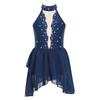 Kids Girls Rhinestone Lyrical Dance Costume Sheer Mesh Patchwork Sleeveless Irregular Hem Dress Dancewear