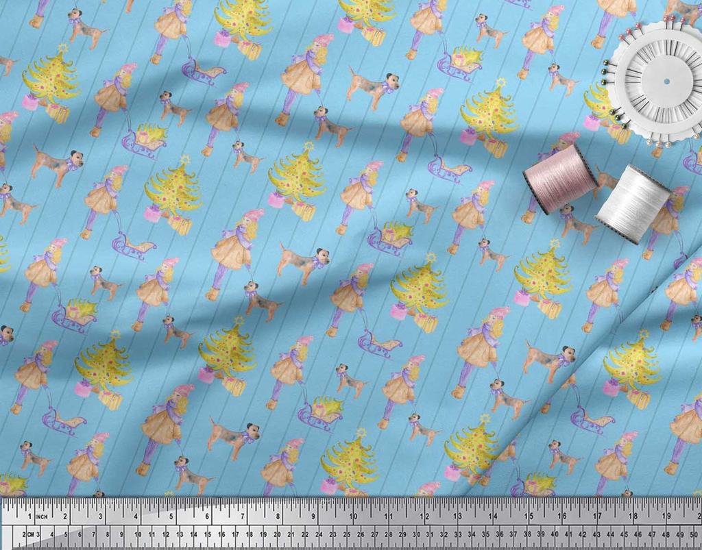 Soimoi Синяя японская креп-сатиновая ткань для женщин, подарочная коробка и рождественский принт в виде елки, на метр 42 дюйма