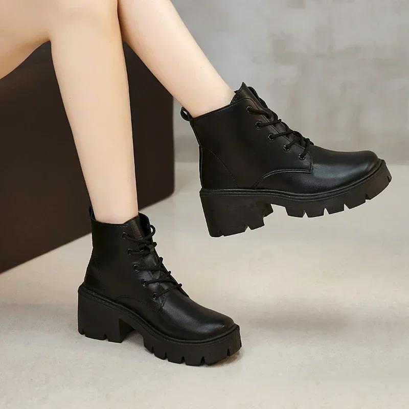 Women's Shoes 2024 High Quality Lace Up Women's Boots Autumn Winter Round Toe Solid Short Barrel Chunky Heels Fashion Boots
