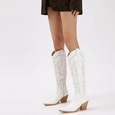 GIGIFOX Сексуальные модные женские сапоги до середины голени с острым носком и толстым каблуком, новые лаконичные однотонные женские сапоги в стиле вестерн с вышивкой