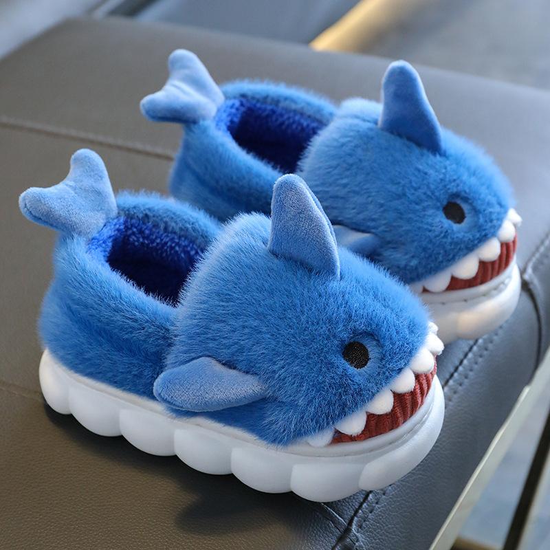 Winter Cartoon Shark Cotton Slippers Boys Indoor Soft Bottom Padded Warm Middle And Large Children Non-slip Children's Slippers