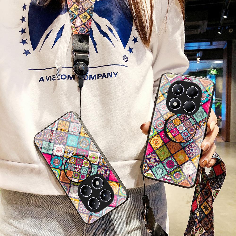 Чехол для Xiaomi Redmi Note 14 Pro 4G с подставкой, этническим узором, из закаленного стекла, чехол для телефона со шнурком