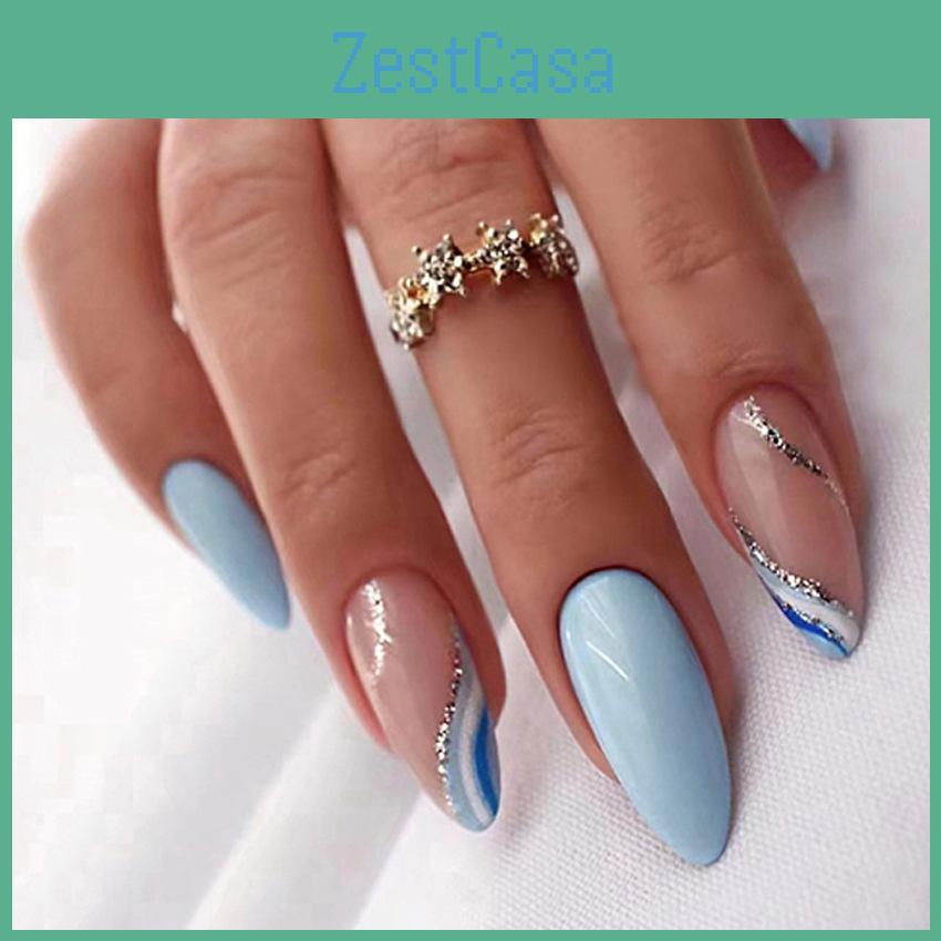 Элегантный миндалевидный рифленый океанский синий белый пэчворк французский стиль весна/лето свежий чистый носибельный нейл-арт W12