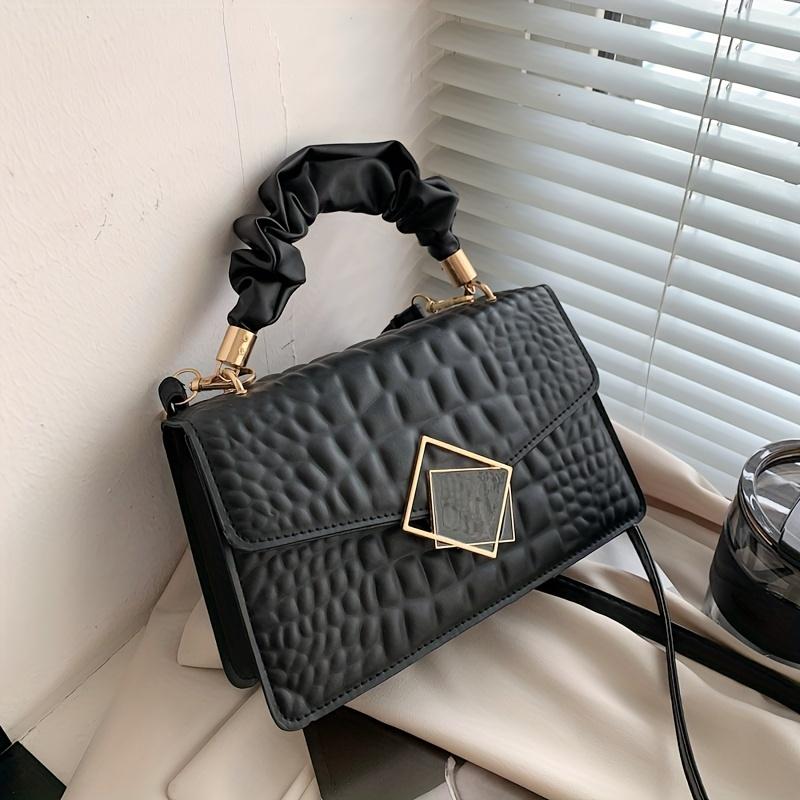 Trendy Crocodile Pattern Handbag, Top Ruched Handle Square Wallet for Women, Solid Color Textured Bag