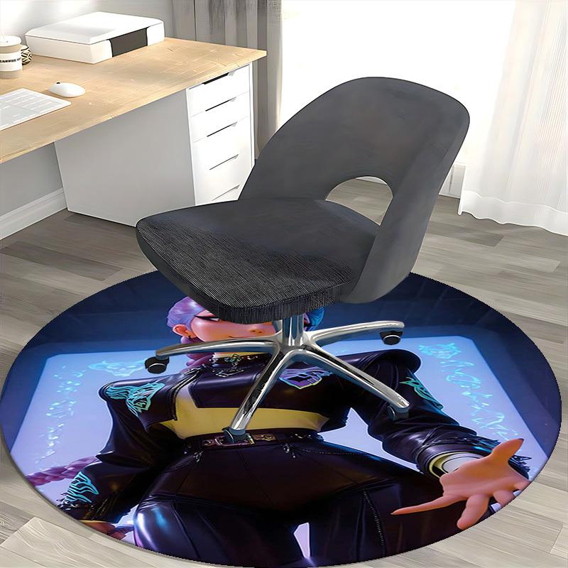1pc Anime Design Round Carpet - Office Chair Mat with Purple Hair and Blue Floral Print, Suitable for Home Decor, Gaming Room