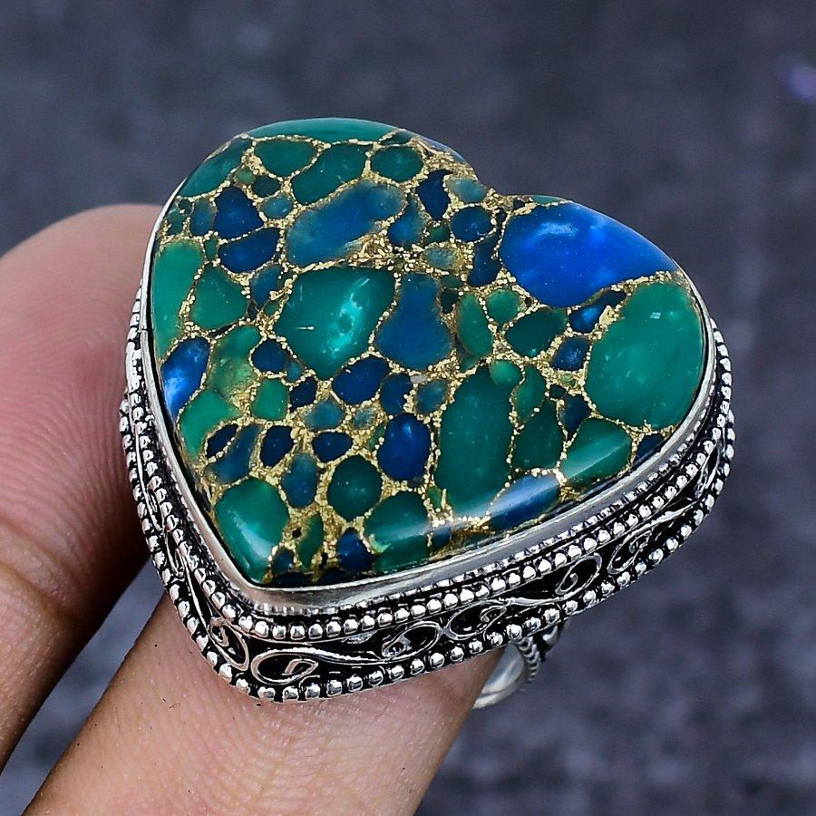 Натуральный медно-зеленый турмалин 925 пробы стерлингового серебра Кольцо Размер 9 ETC-13885